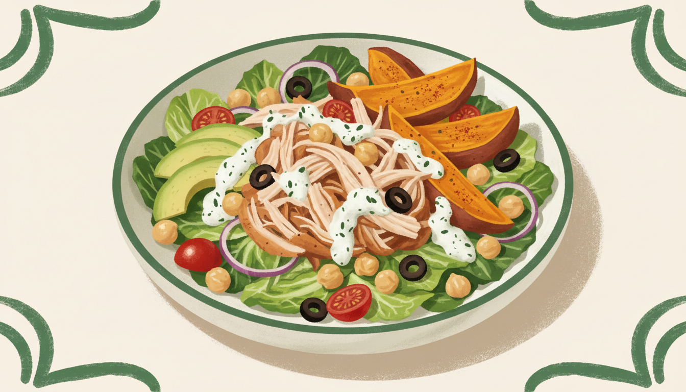 Illustration af måltidssalat med pulled chicken, sød kartoffel og ranchdressing